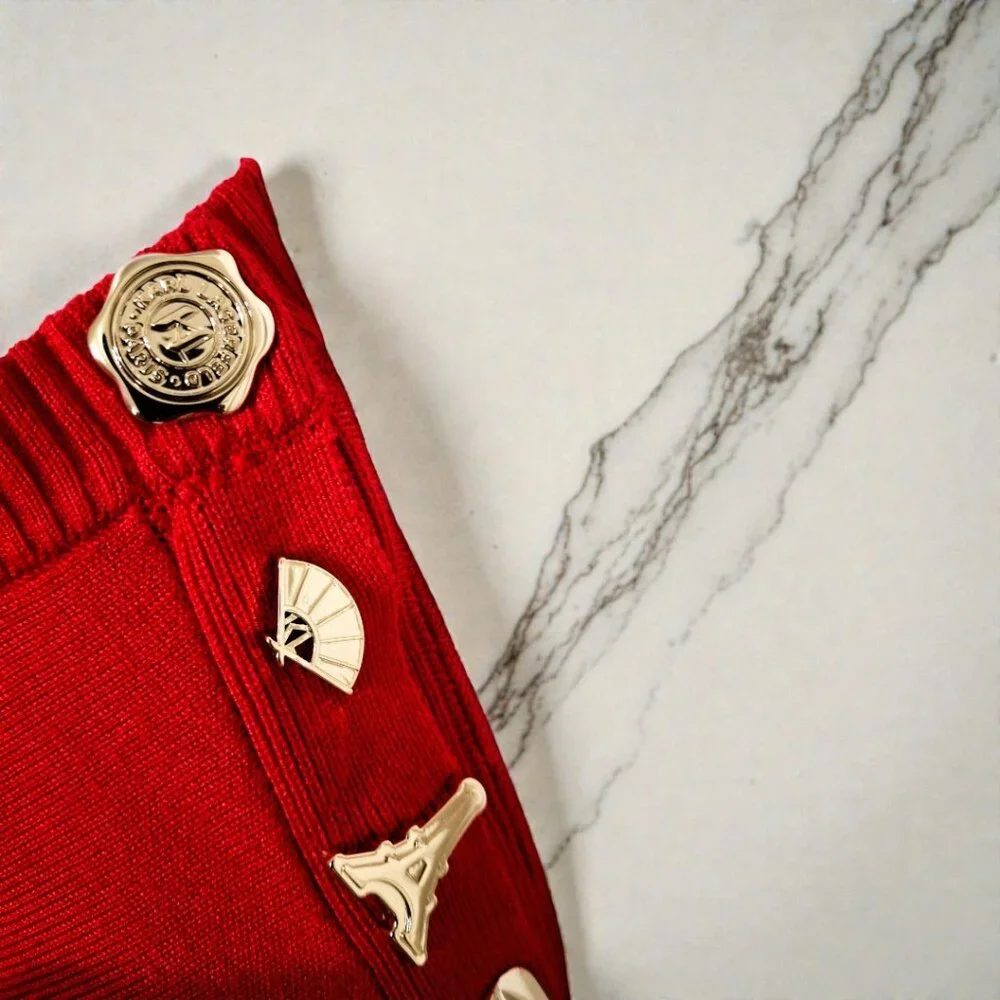 Karl Lagerfeld Paris Med (8-10) Red & Black Stripe Crewneck Sweater w/ Gold Pins - Picture 10 of 15